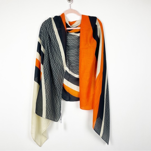 NEW Orange Black Cream Geometric Art Deco Printed Fashion Scarf - Picture 3 of 13